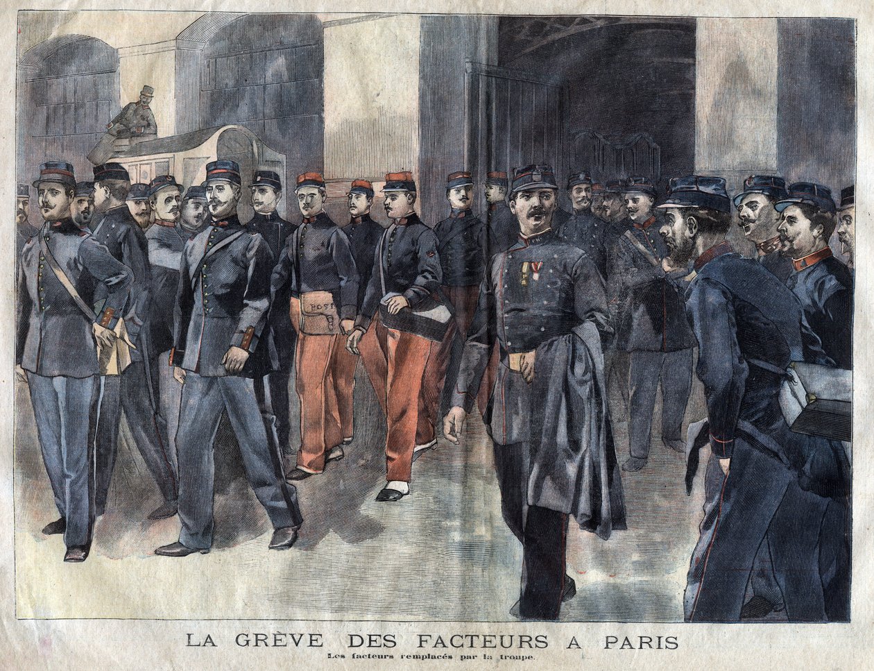 Sztrájkolnak a postások: katonákat és önkormányzati őröket vádolnak levélosztással Párizsban. 1899-es metszet a „La petite Gironde”-ban alkotó: French School