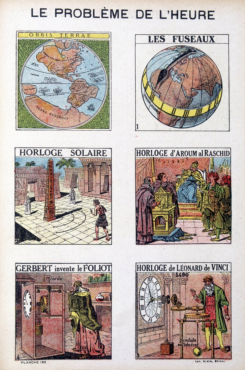 A kor problémája: Orbis Terrea, az orsó, napóra, Aroum Al Racshid órája, Gerbert feltalálja a Foliot, Leonardo da Vinci órája (Leonardo da Vinci) - metszet, deb. 20. század alkotó: French School