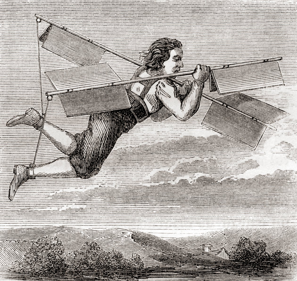 Jacob Besnier francia lakatos állítólagos repülése egy saját tervezésű repülő szerkezet segítségével 1678-ban, a "Les Merveilles de la Science" című, 1870 körül kiadott könyvből (litográfia). alkotó: French School