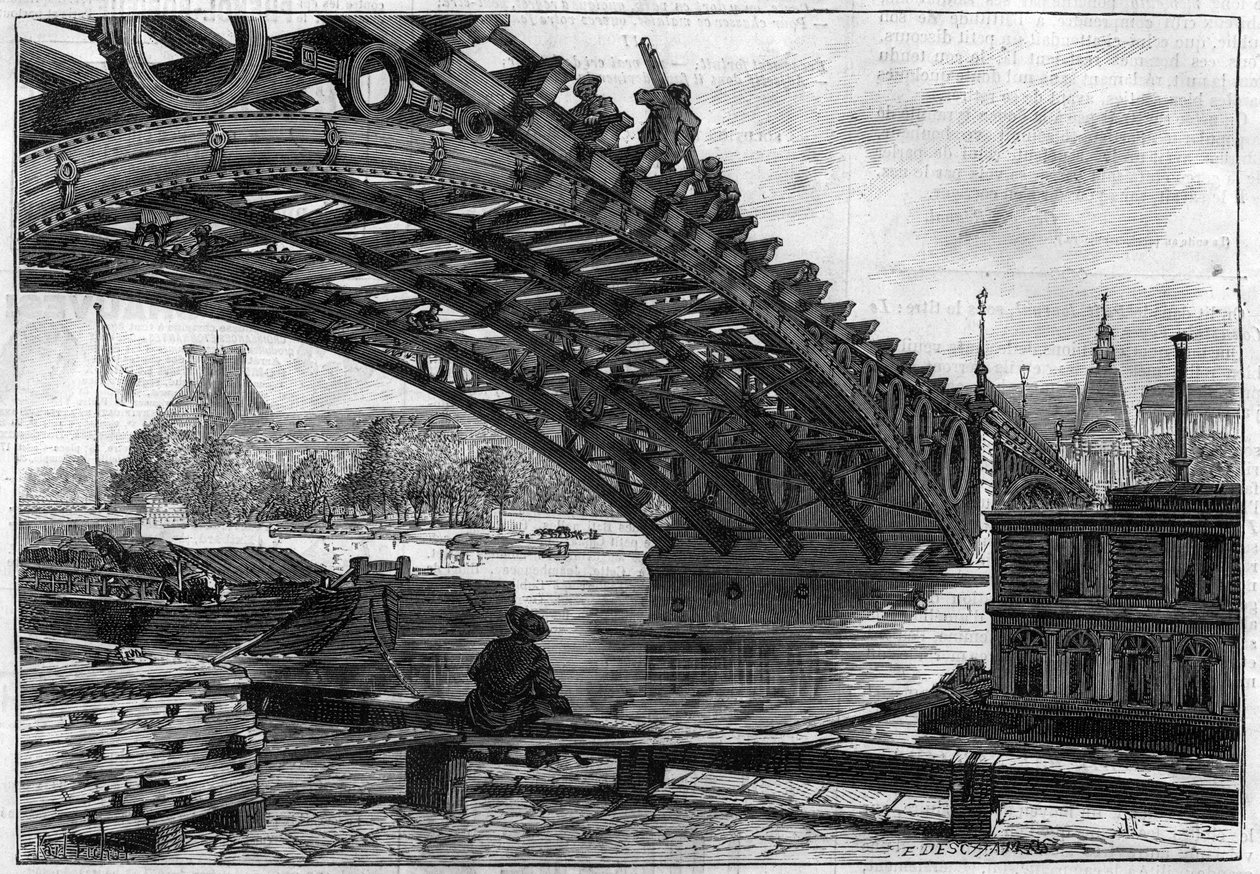 A Saints Peres híd (Pont du Carrousel) 1883-as (Saints-Peres) fedélzetének tükörképe - „Le journal illustrious” metszet alkotó: French School