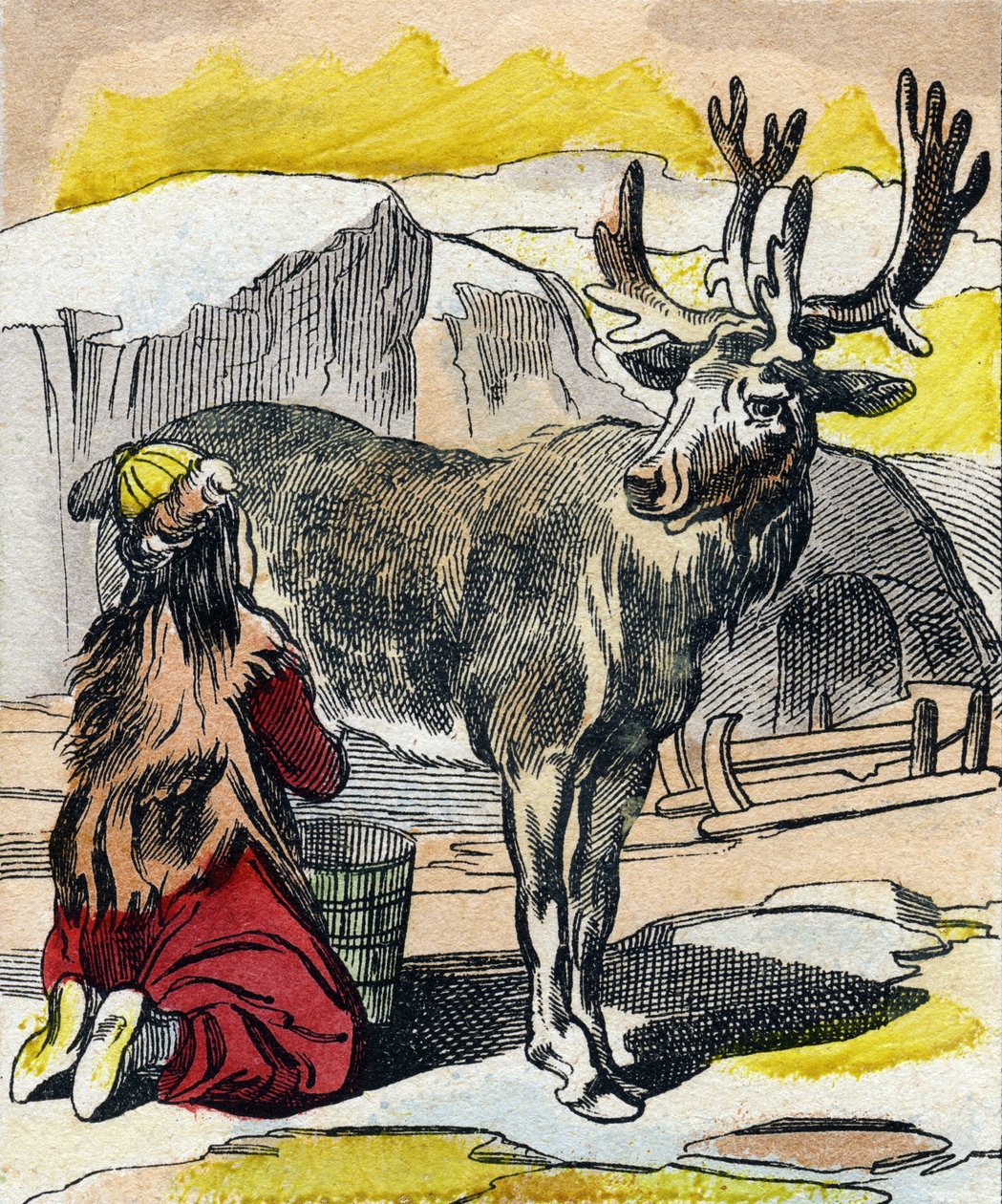 A rénszarvast fejik. Metszet „Buffon Alphabet des Animaux". 3. sorozat N 1. Epinal képalkotása, Epinal, 19. század vége. 16 oldal. Mérete: 28x21 cm alkotó: French School
