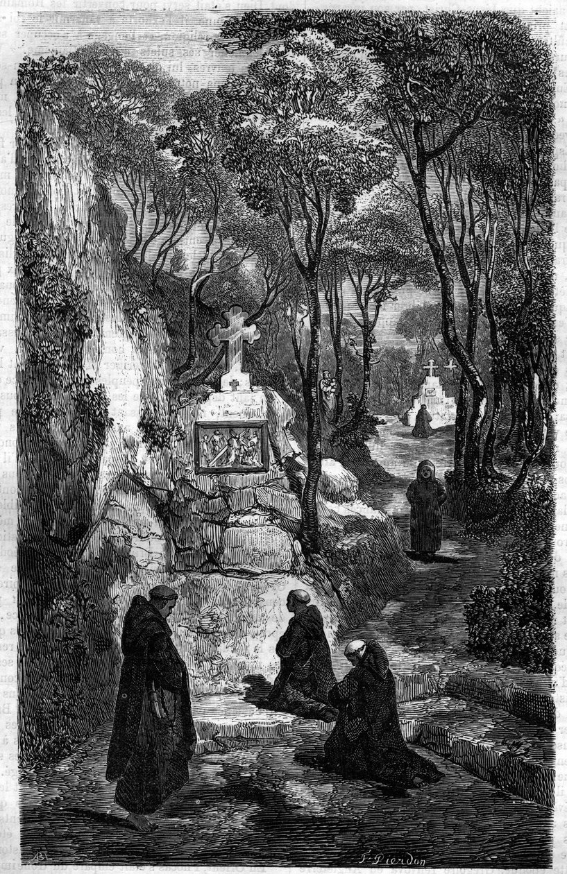 Szent Benoit vallásos (Saint Benoit) imában. Metszet a „Pápák-királyok-királynők és császárok története az évszázadokon keresztül” című könyvébe, Maurice Lachatre alkotó: French School