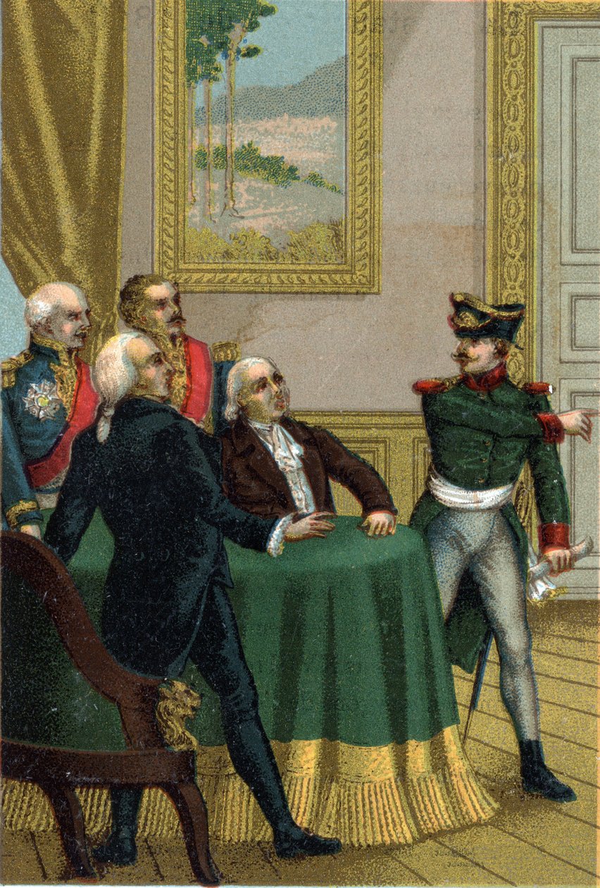 Az 1815-ös helyreállítás: Joseph Fouche, I. Napóleon rendőrminisztere bevezettetett egy porosz tisztet abba a helyiségbe, ahol 1815. július 7-én a XVIII. Lajos király vezette Ideiglenes Kormány Bizottsága állt. alkotó: French School