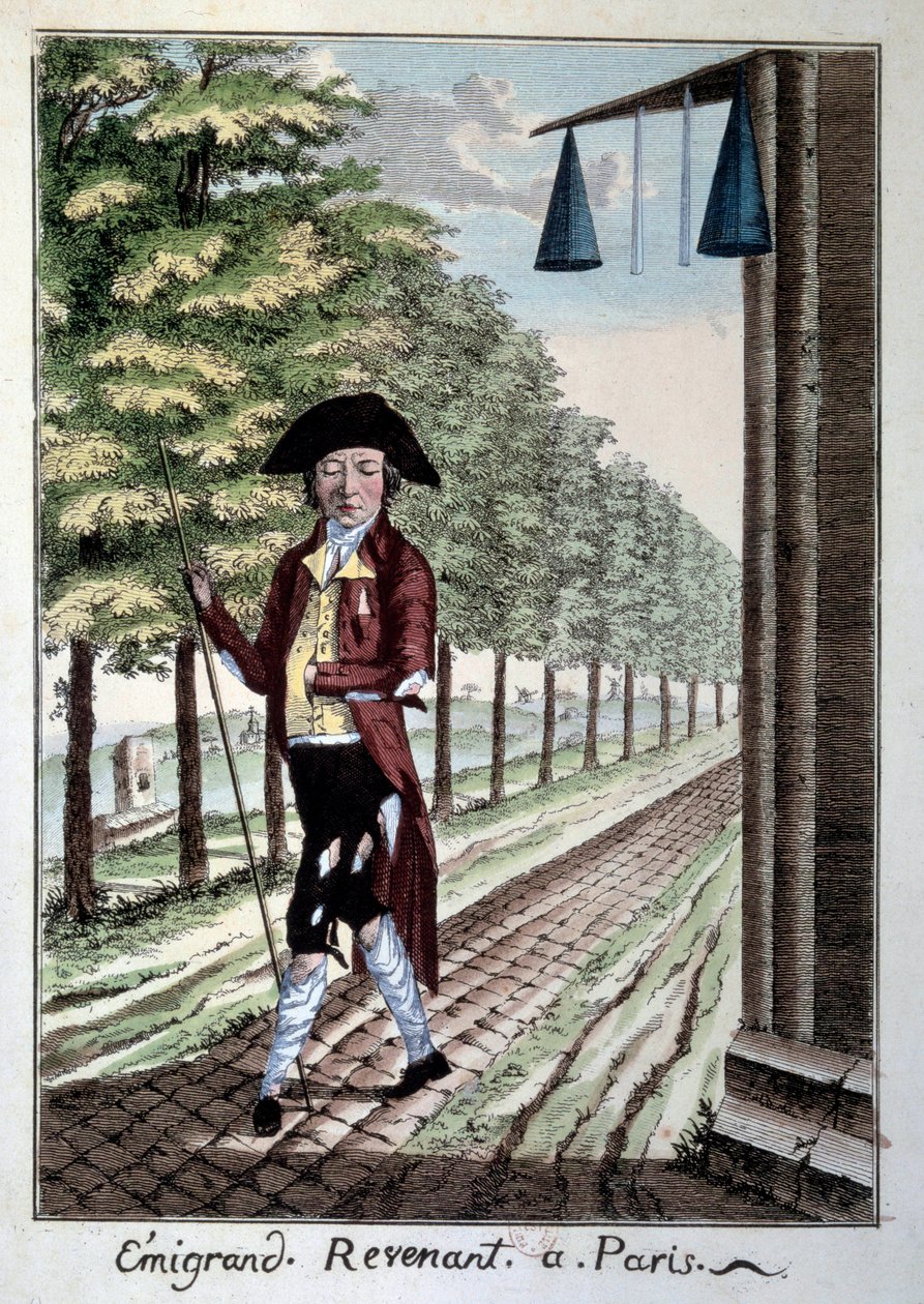 Egy emigráns visszatérése a francia forradalom végén. A forradalom alatt elmenekült nemesi szakadt ruhák. Metszet a 19. századi Párizsból, Musee Carnavalet alkotó: French School