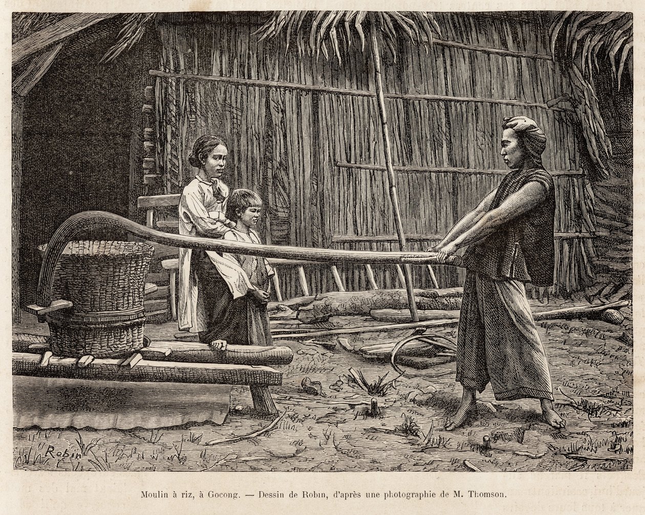 A rizsmalom egy gocongi gazda háza előtt, metszet Robin Cochinchine-i utazását illusztráló rajza után, Doktor Morice 1872-ben, megjelent a „Le tour du monde”” 1875-ben, Edouard Charton szerkesztette, Hachette kiadás, Párizs. Selva alkotó: French School