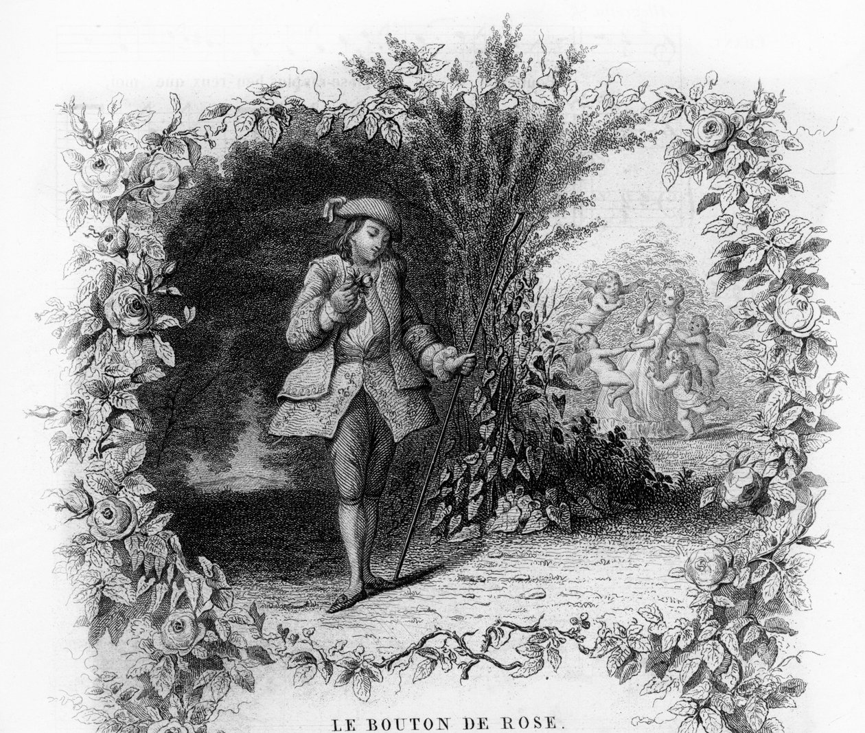 A rózsa gomb. Egy magányos és romantikus fiatalember egy kertben, melynek aljában egy fiatal nőt Ámor vesz körül. Gravírozás „” Chants et chansons populaire de la France””, 2. kötet alkotó: French School