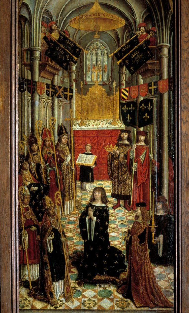 XII. Lajos (1462-1515) szentsége a reimsi székesegyházban 1498. május 27-én. Festmény a 16. századi francia iskola fára. 1501. Dim. 1,95x0,5 m. Párizs, Középkori Nemzeti Múzeum, Thermes de Cluny alkotó: French School