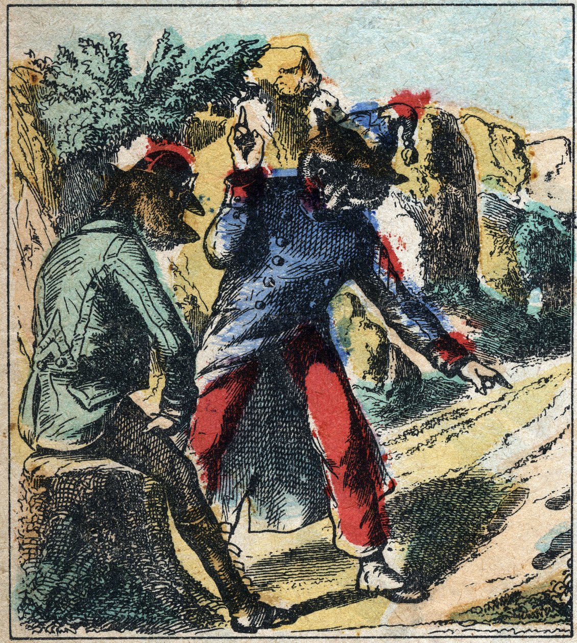 A beteg oroszlán és a róka. Jean de La Fontaine (1621-95) meséi. Epinális képalkotás a 19. század végéről. alkotó: French School