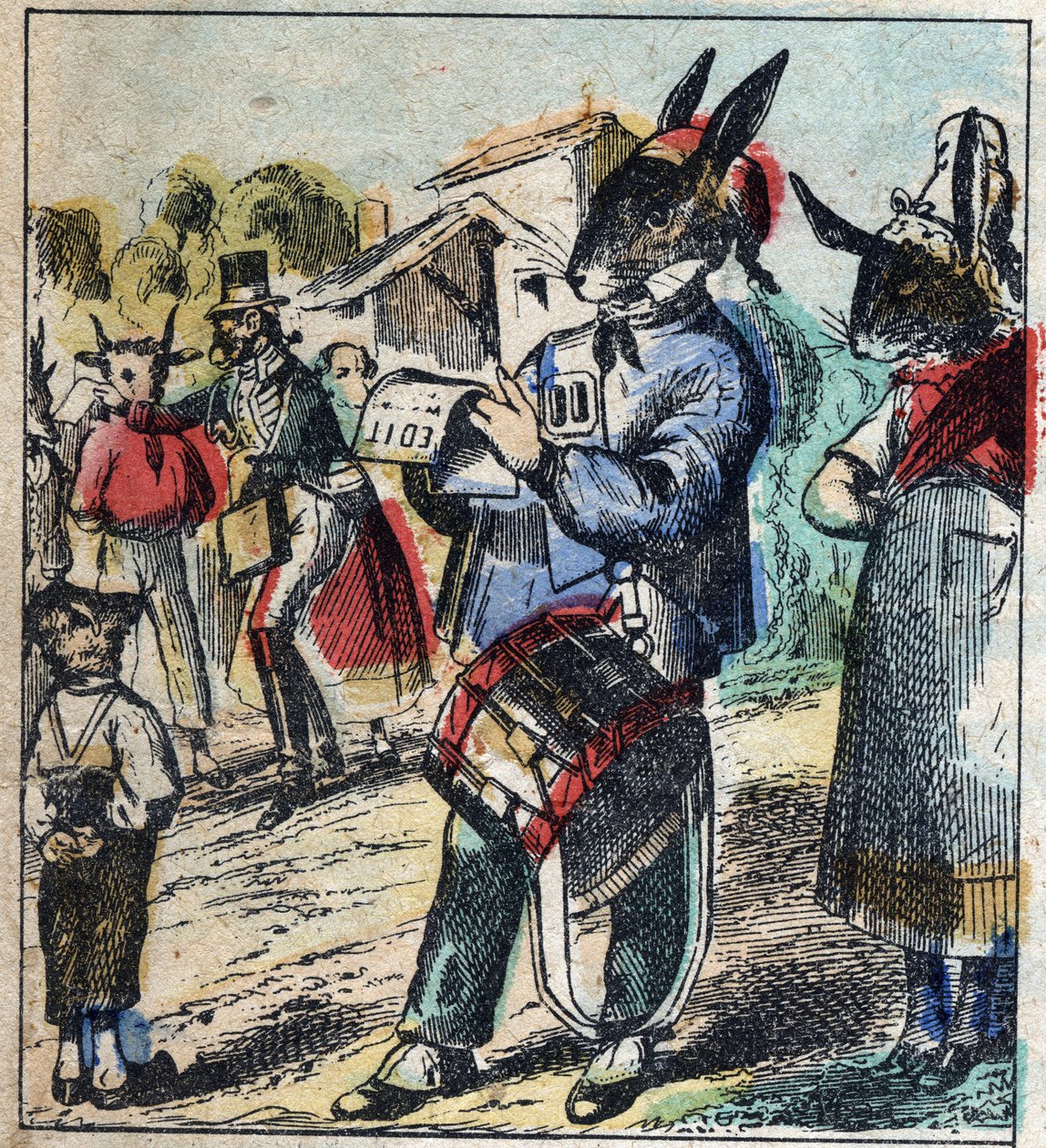 A beteg oroszlán és a róka. Jean de La Fontaine (1621-95) meséi. Epinális képalkotás a 19. század végéről. alkotó: French School