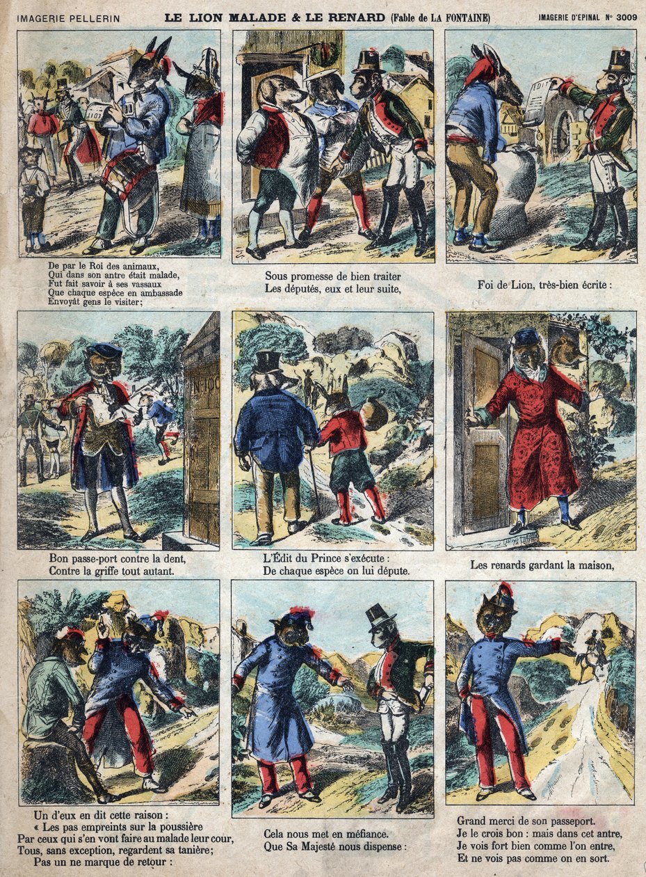 A beteg oroszlán és a róka. Jean de La Fontaine (1621-95) meséi. Epinális képalkotás a 19. század végéről. alkotó: French School
