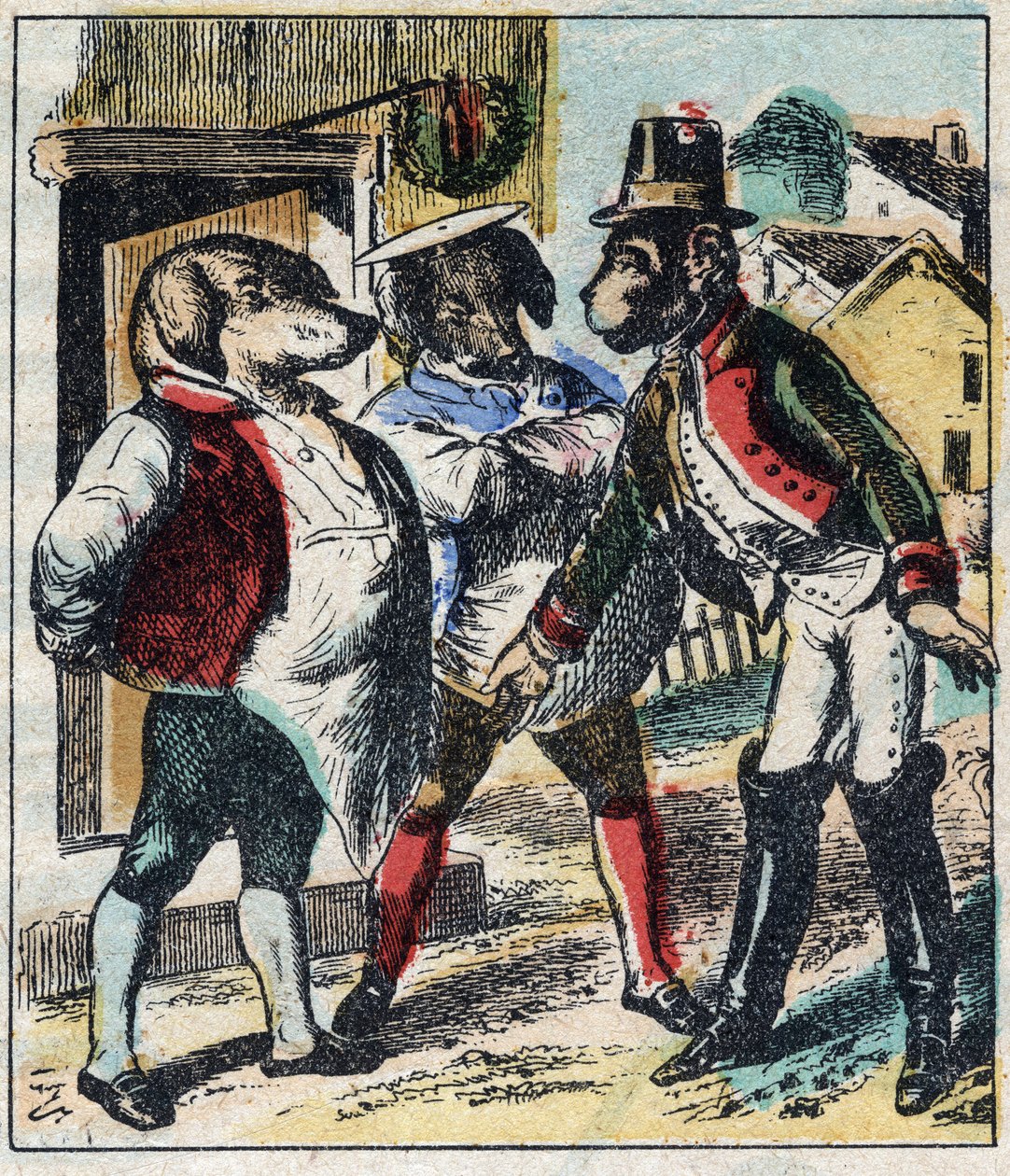 A beteg oroszlán és a róka. Jean de La Fontaine (1621-95) meséi. Epinális képalkotás a 19. század végéről. alkotó: French School