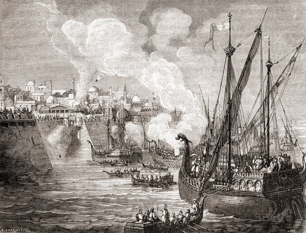 Konstantinápoly 1453-as ostroma II. Mehmed oszmán szultán által, a Les Merveilles de la Science című, 1870 körül megjelent kötetből (metszet). alkotó: French School