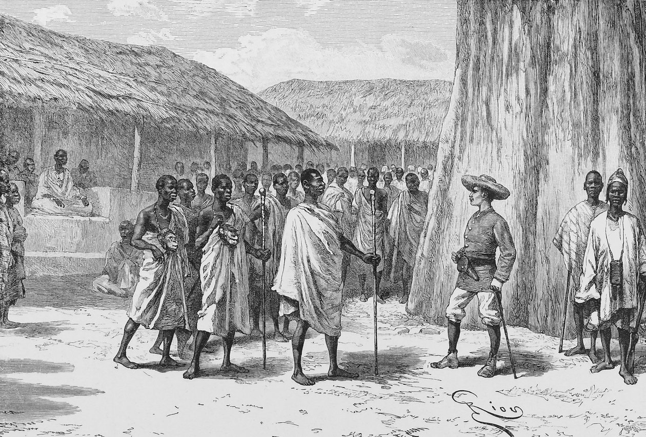 A szerződés aláírása Aouabouban, illusztráció a „Du Niger au Golfe de Guinee...” című művéből, Louis Gustave Binger alkotó: French School