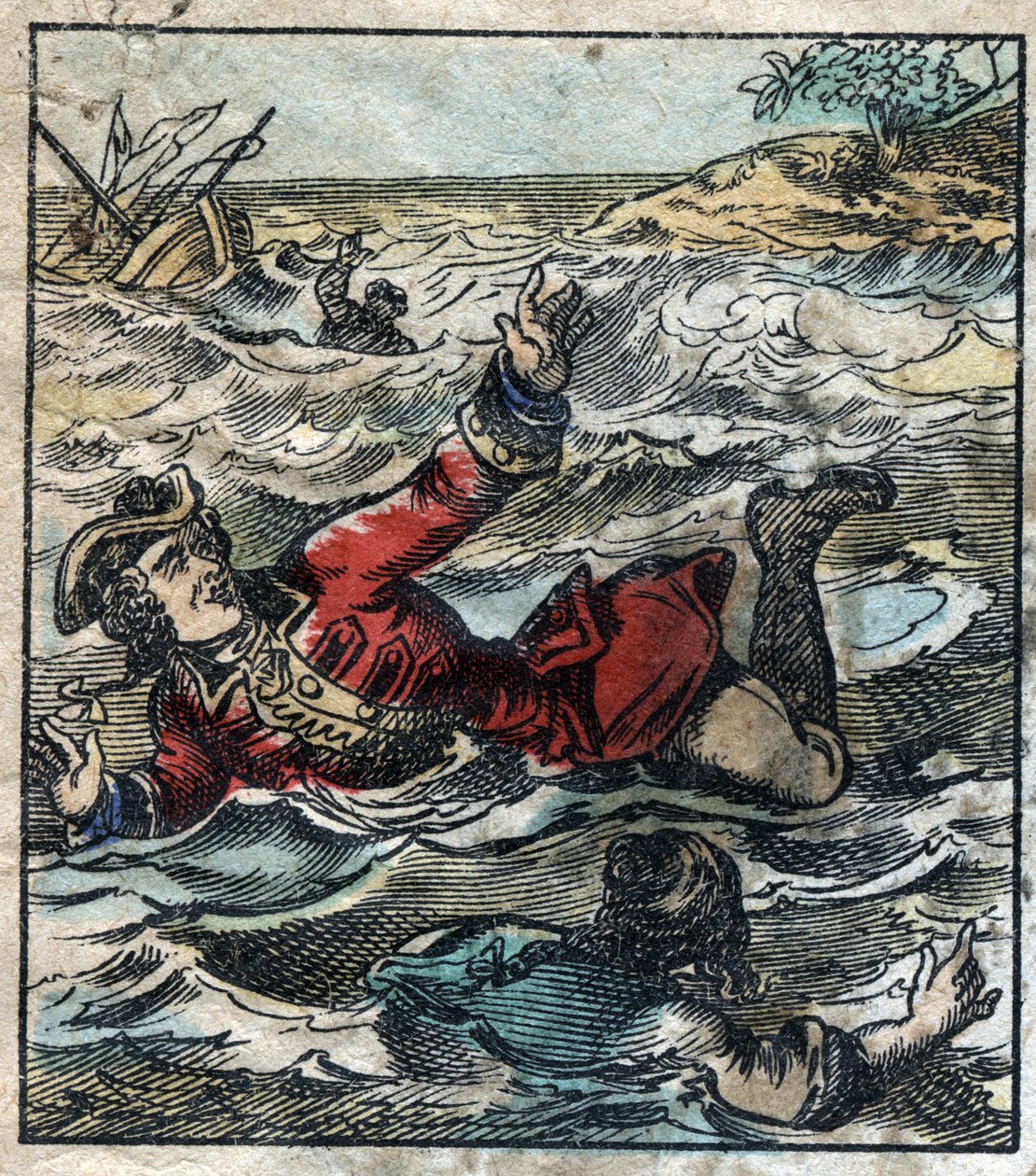 Lemuel Gulliver elsüllyesztése. Illusztráció a Gulliver utazásaihoz, Jonathan Swift (1667-1745). Epinális képalkotás a 19. század végén. alkotó: French School