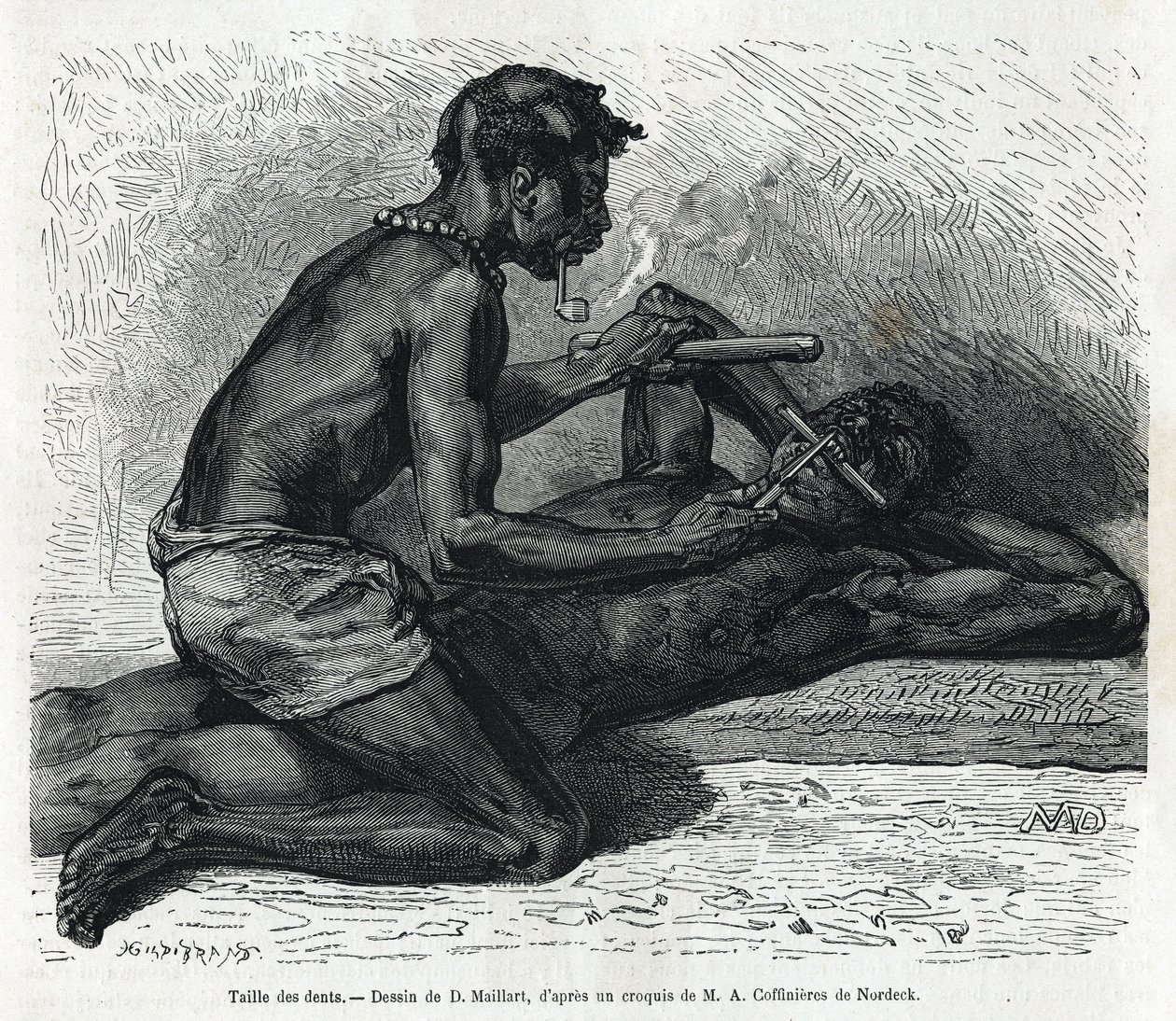 A fogak mérete az Okandában, D. Maillard rajza, Alfred Marche 1875-1877-es gaboni utazásának és az Ogoue folyónak a történetének illusztrálására. Gravírozás a Le tour du monde-ban alkotó: French School