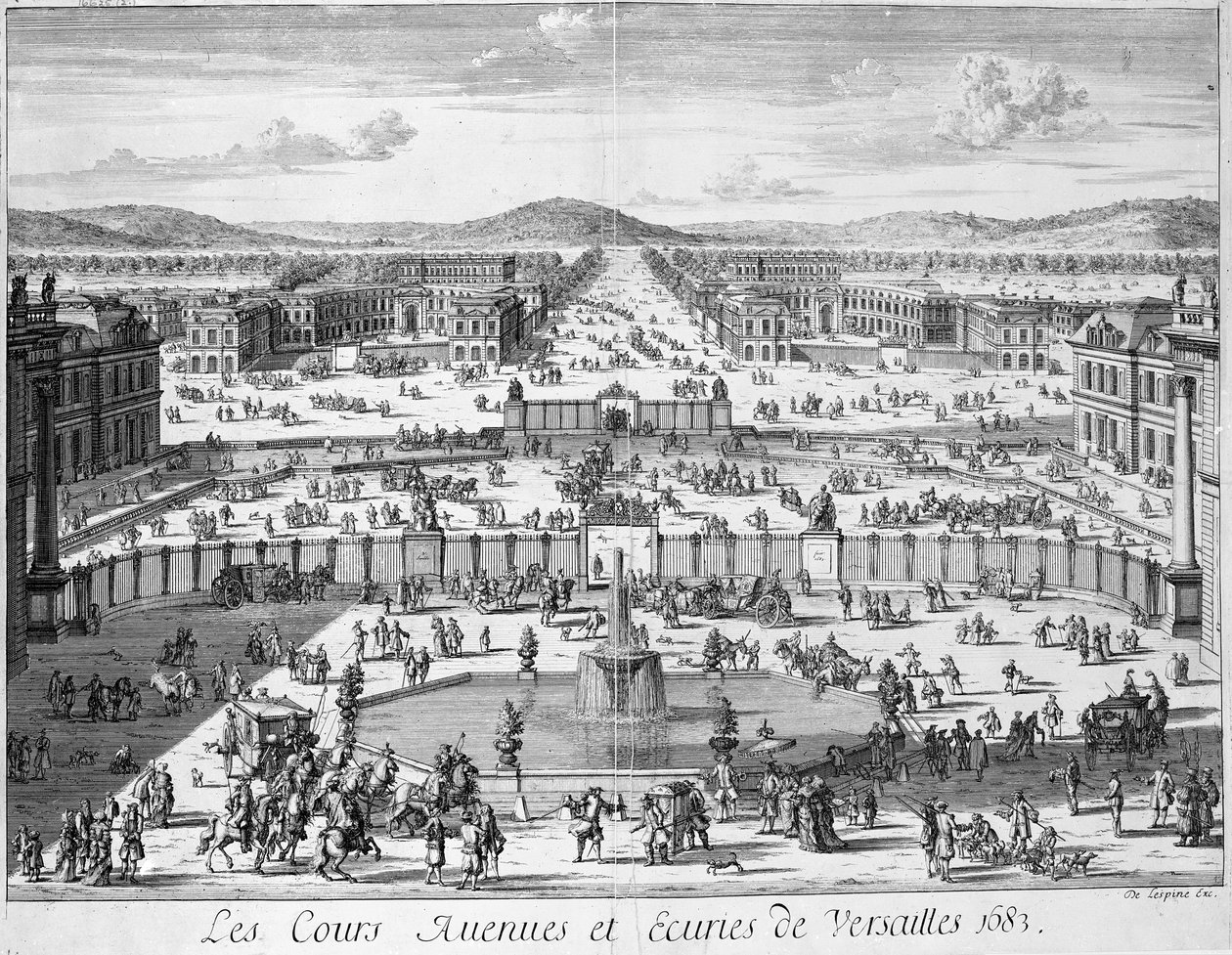 Versailles istállói és kapui a palotából nézve, 1683 alkotó: French School