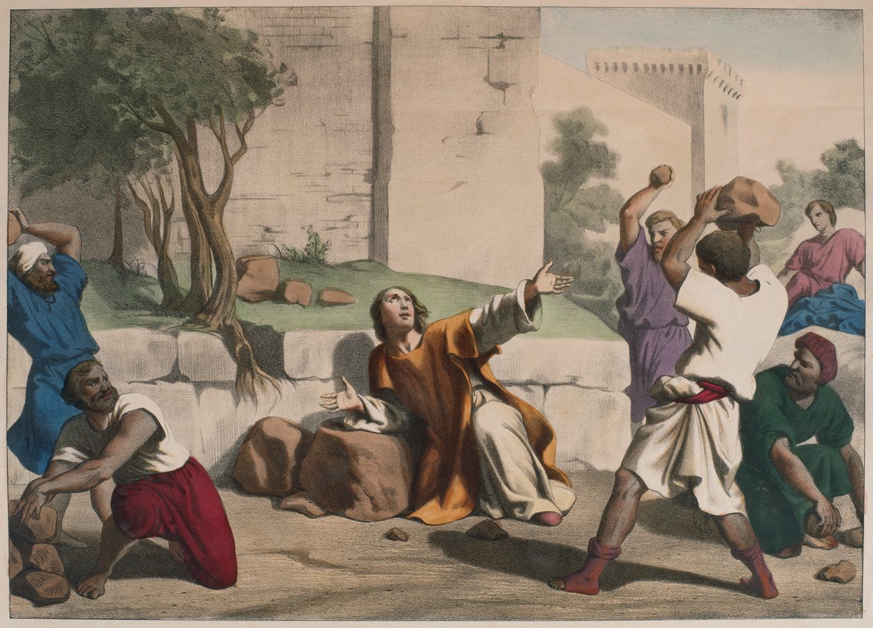 Szent István megkövezése, illusztráció az LHistoire Sainte katekizmusból, kiadó: Charles Delagrave, Párizs, 19. század vége alkotó: French School