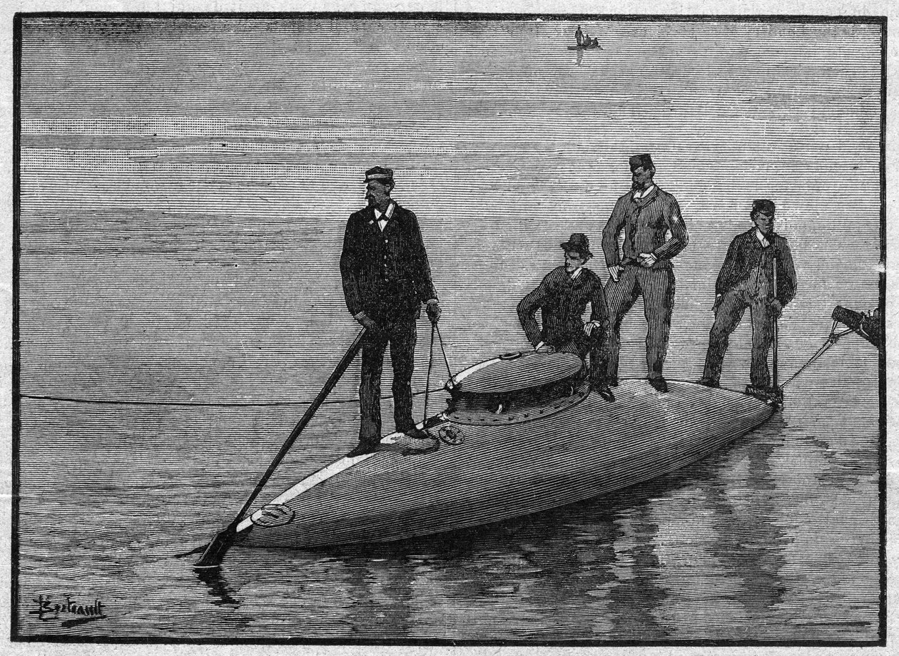 A tengeralattjáró szembenézett az üres „Goubet”-vel, bójákkal és négy emberrel. A „La gazette du dimanche” 1895. november 28-i metszete. alkotó: French School