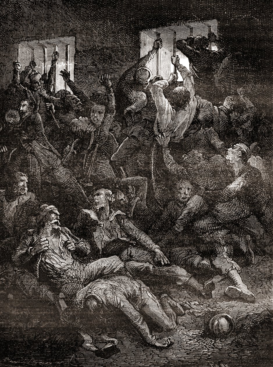 Angol foglyok szenvedése és halála a rossz szellőzés miatt a kalkuttai fekete lyukban, egy kis börtönben az indiai kalkuttai régi William-erődben, ahol a bengáli Nawab, Siraj ud-Daulah csapatai brit hadifoglyokat tartottak fogva. után a c alkotó: French School
