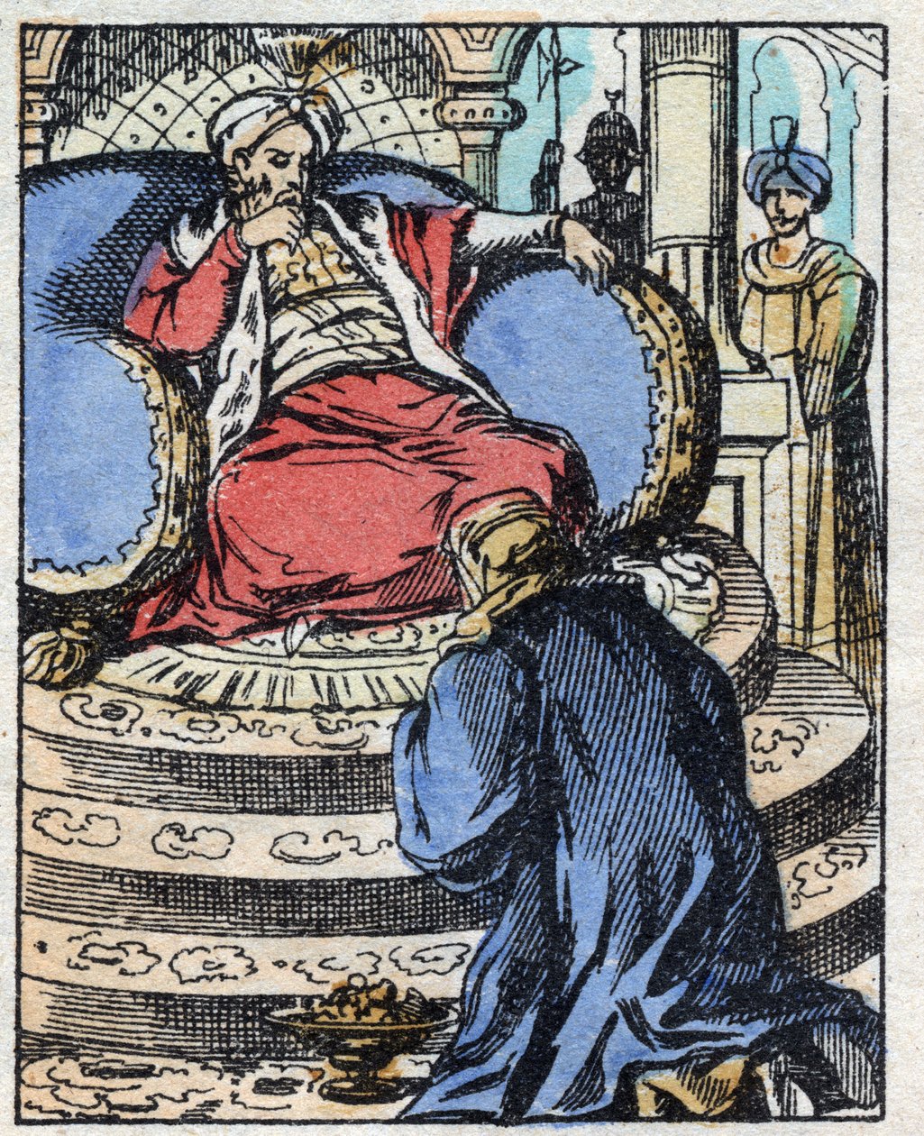 A szultánt lenyűgözik az Aladin által felajánlott gyémántok, hogy megkérje lánya kezét. Ezeregyéjszaka meséjének metszete „” Aladin és a csodálatos lámpa””. Epinális képalkotás, 19. század vége. Magángyűjtemény. alkotó: French School