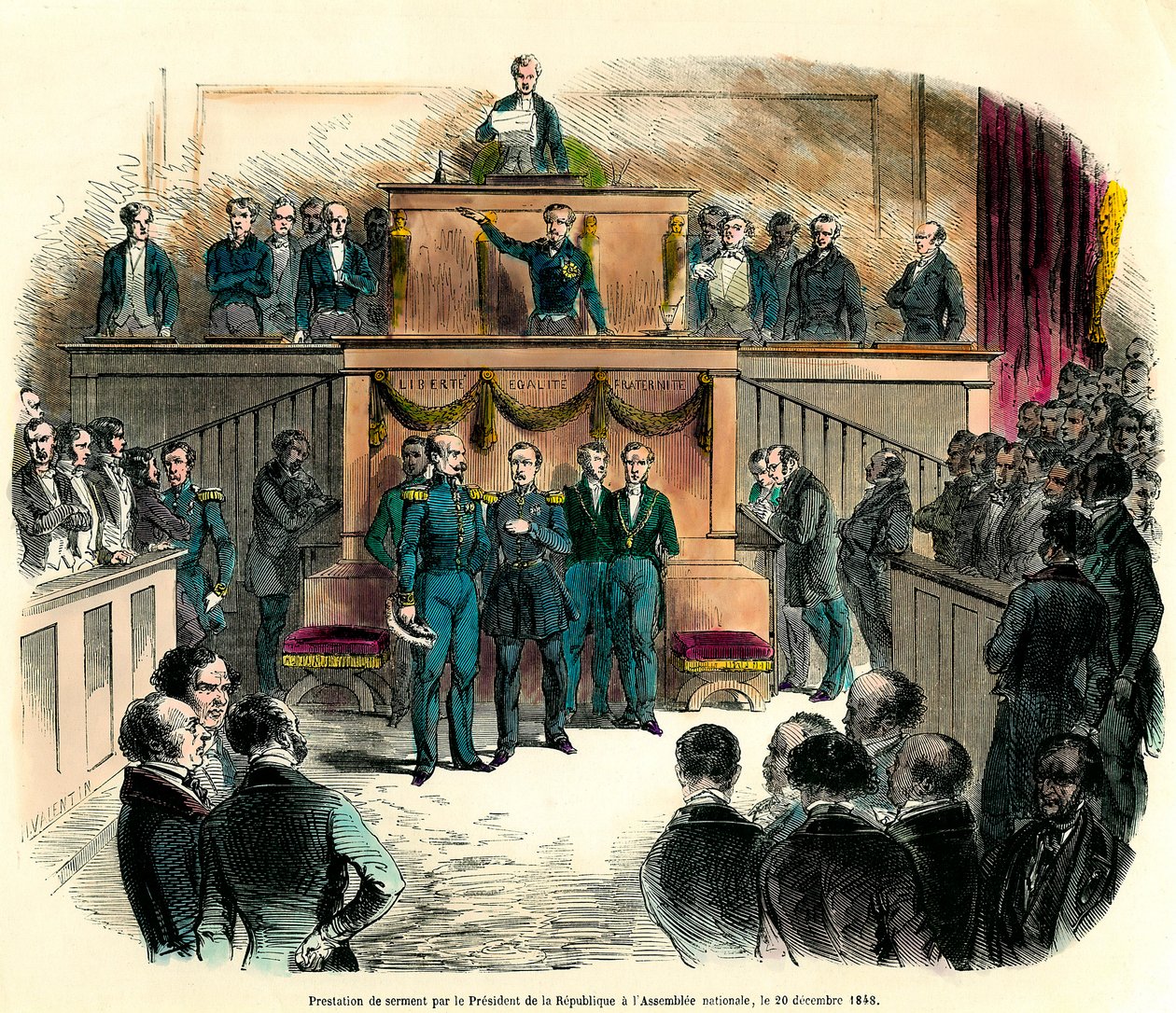 A köztársaság elnökének hivatalosan kikiáltott III. Lajos Napóleon (Louis-Napoleon) esküt tett az 1848. december 20-i nemzetgyűlésen. Megfogadja, hogy „hű marad az egy és oszthatatlan Demokratikus Köztársasághoz, és teljesíti mindazt, alkotó: French School