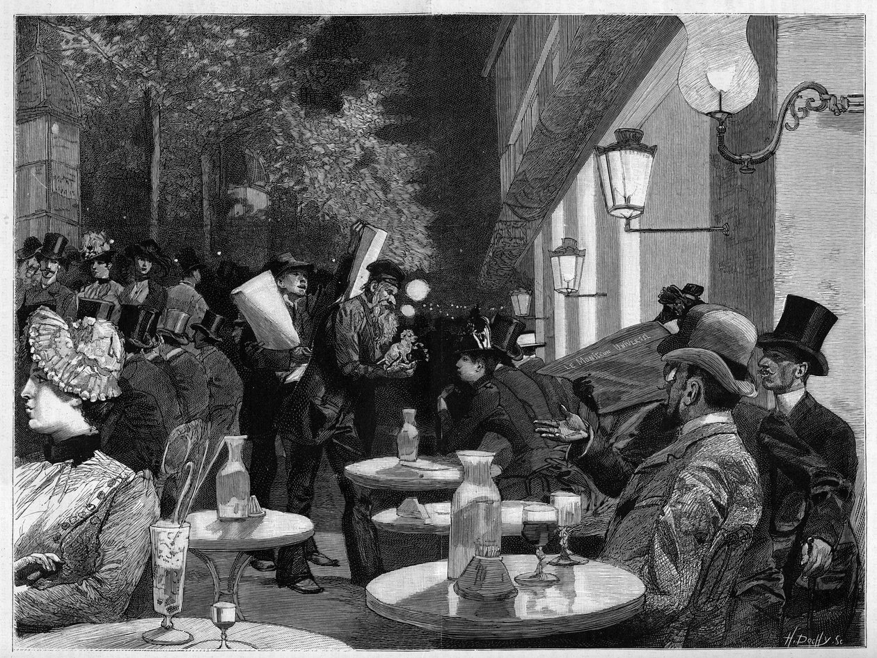 A Boulevard kávézójának terasza éjfélkor Párizsban. Metszet a „The Illustrous World”-be alkotó: French School