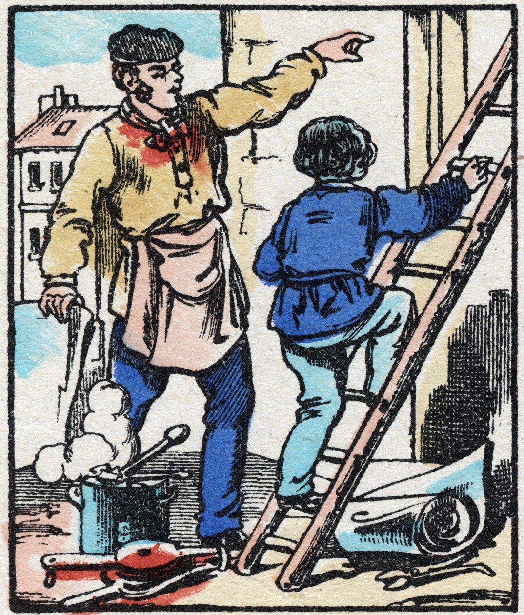 A bizsergő. Metszet a „La chanson des metier”-ben. Epinális képalkotás, 19. század vége. Magángyűjtemény alkotó: French School