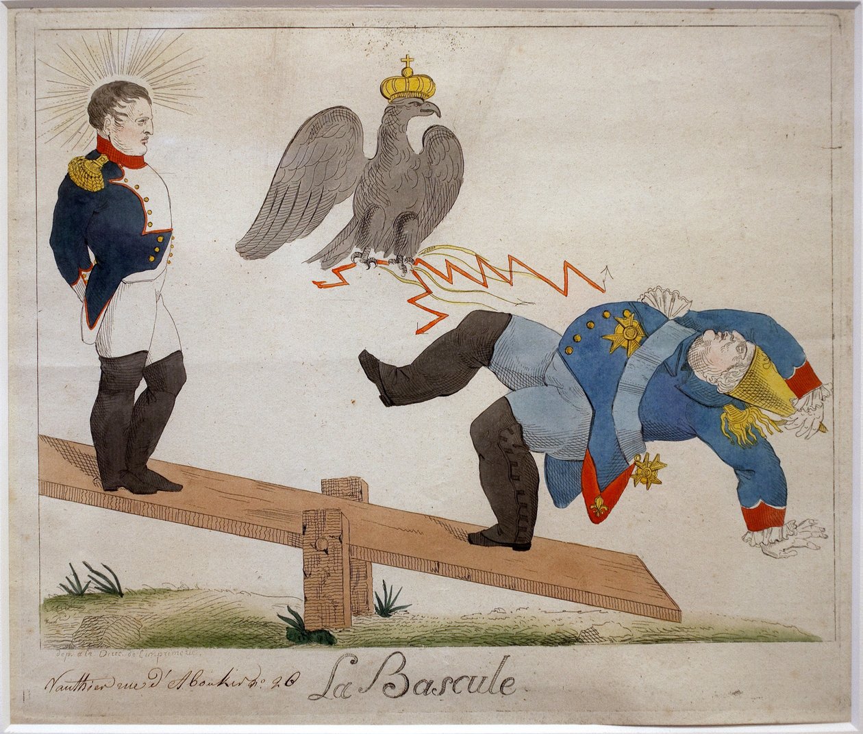 A váltó. Napóleon Bonaparte (1769-1821) portréja, aki egy ringató deszkán áll, és nézi, ahogy ellensége saskoronával felrobbant. Rajzfilm. Eau forte, 19. század eleje, Franciaország. Napóleoni Múzeum, Antibes. alkotó: French School