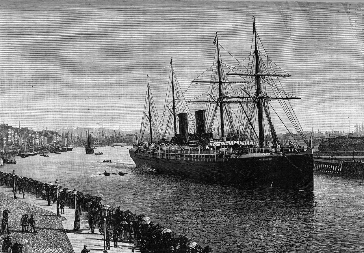 A „La Gascogne” transzatlanti vonalhajó Le Havre kikötőjében 1887-ben. Metszet a „” La jeunesse” című híres folyóiratban” alkotó: French School