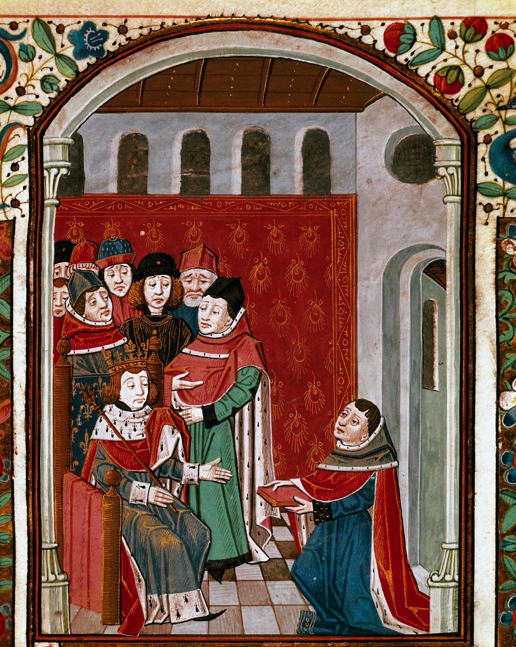 John de Meung (vagy Clopinel vagy Chopinel) fordító (1240-1305) IV. Fülöp Szép királynak (1268-1314) adományozza művét. Miniatűr Boece (Boetius) latin filozófus (475-520) „De Consolatione Philosophiae” című könyvéből, Jean d fordítása alkotó: French School
