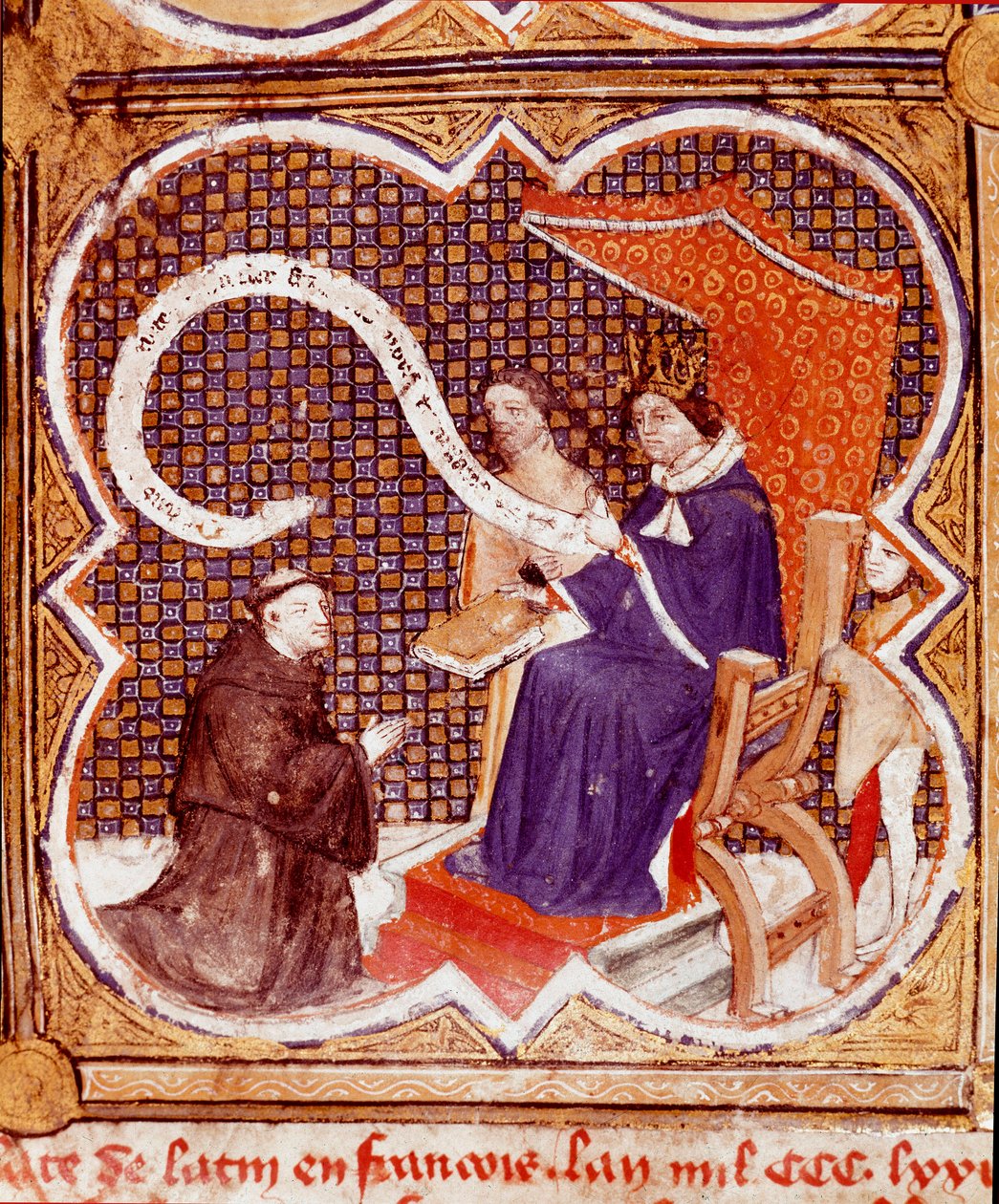 A fordító felajánlja könyvét V. Károly királynak (1338-1380) Az angol Barthelemy „Le livre des proprietes des choses” (De proprietatibus rerum) című miniatúrája, John Corbichon fordításában. 15. század. Reims, Városi Könyvtár alkotó: French School
