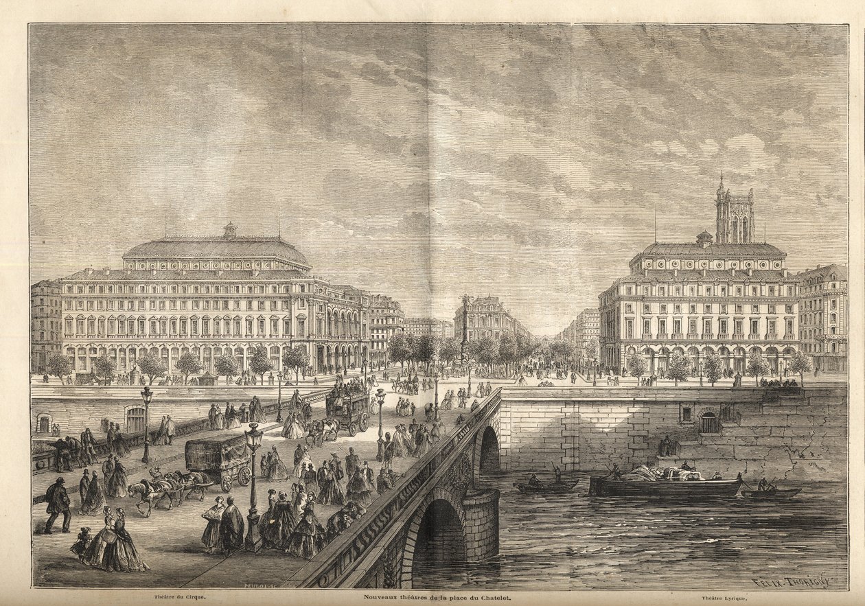 A párizsi Place du Chatelet két új színháza 1862-ben – metszet a „Le monde illustrious”-ból” 1862 alkotó: French School