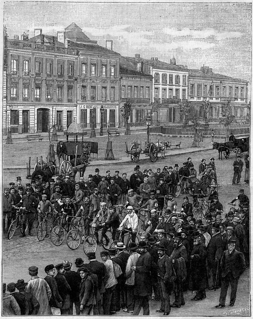 A velocipédesek száguldanak Bordeaux-ból Párizsba: a velocipédesek 1891. május 23-án, hajnali 5 órakor indulnak Bordeaux-ból, metszet a „La Nature”-ben. Revue des sciences et de ses applications aux arts et a l