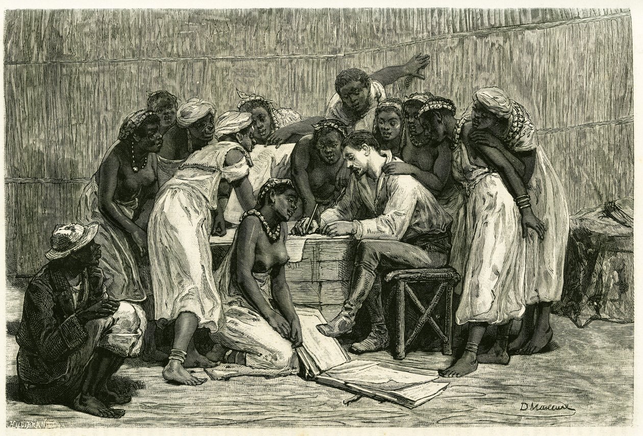 A királynők, Sepopo király tizenhat feleségének látogatása Dr. Holub páholyában. D.Maillard metszete az „Au pays des Marutses” történetének illusztrálására, 1875-1879, Dr. Emile Holub (1847-1902). Megjelent a Tour du monde-ban, 1883. 2. félév, szerkesztve alkotó: French School