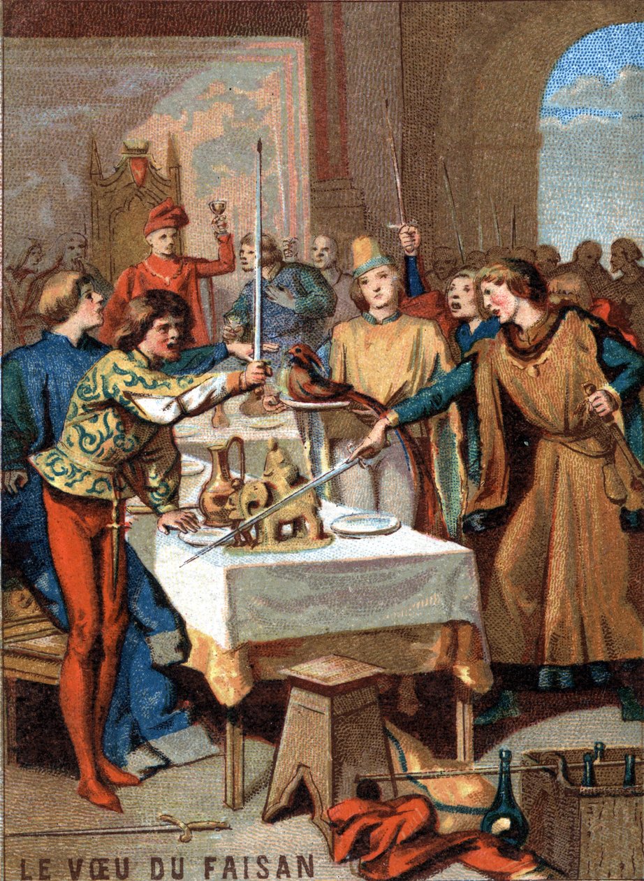A fácán kívánsága (1454): a III. Jó Fülöp burgundi herceg által szervezett lakomán a vendégek megesküsznek egy gyöngysorral díszített fácánra, hogy kiirtják a törököt. A „” Hazafias nevelés sorozat kromolitográfiája az I.-ig alkotó: French School