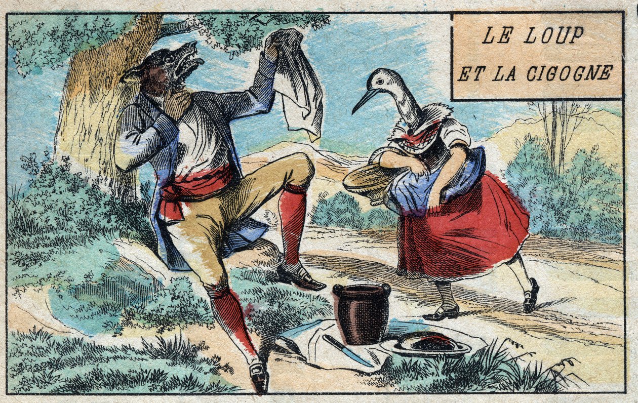 A farkas és a gólya. Jean de La Fontaine (1621-95) meséi. Epinális képalkotás a 19. század végéről. alkotó: French School