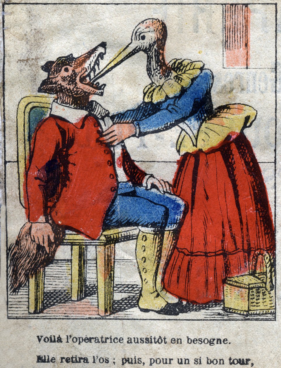 A farkas és a gólya. Jean de La Fontaine (1621-95) meséi. Epinális képalkotás a 19. század végéről. alkotó: French School