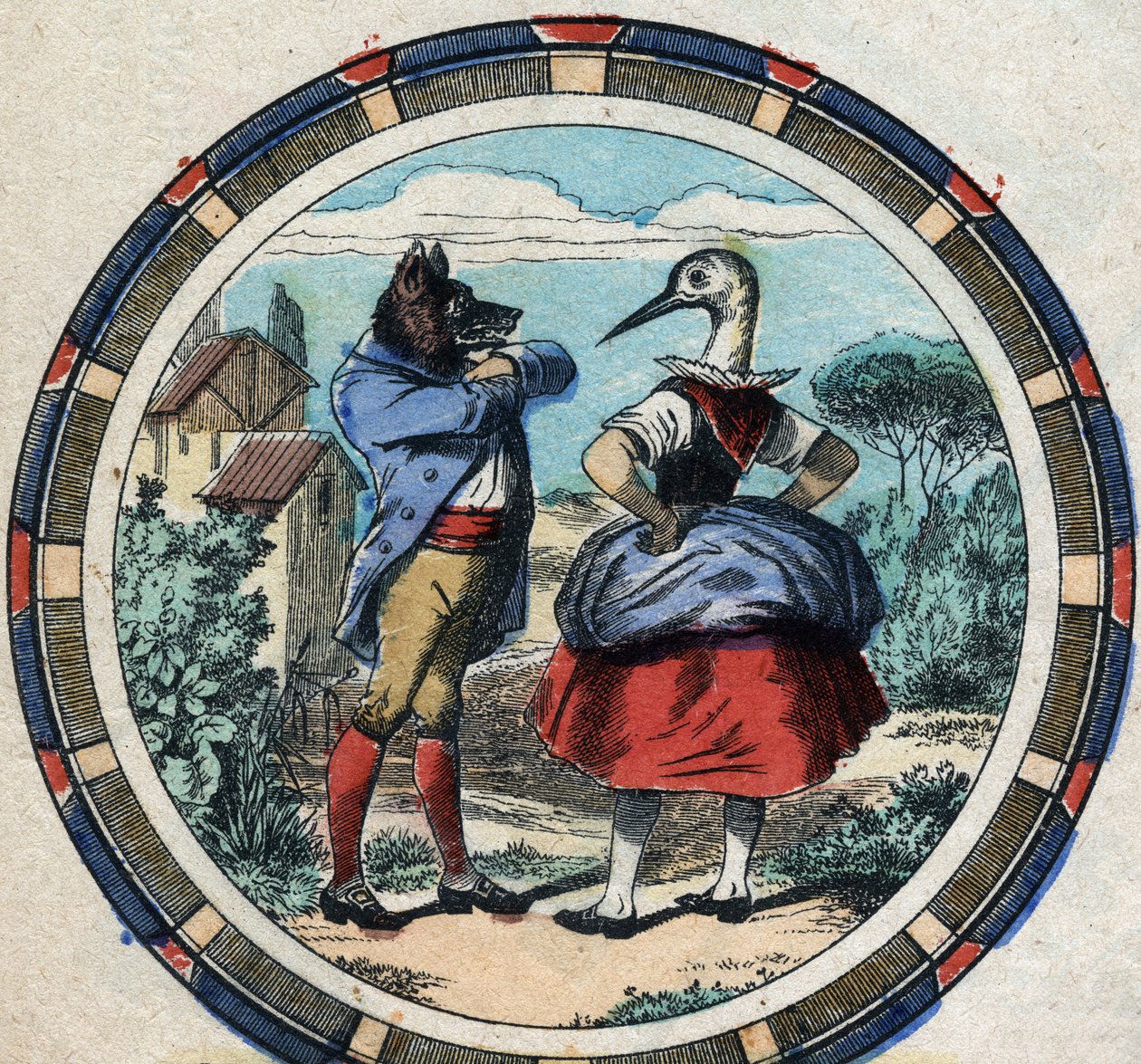 A farkas és a gólya. Jean de La Fontaine (1621-95) meséi. Epinális képalkotás a 19. század végéről. alkotó: French School