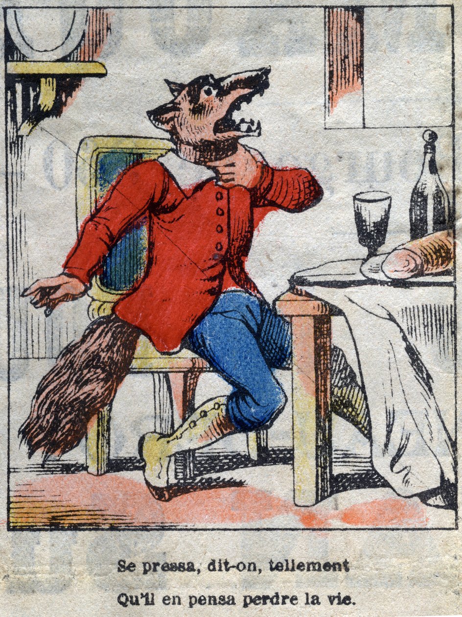 A farkas és a gólya. Jean de La Fontaine (1621-95) meséi. Epinális képalkotás a 19. század végéről. alkotó: French School