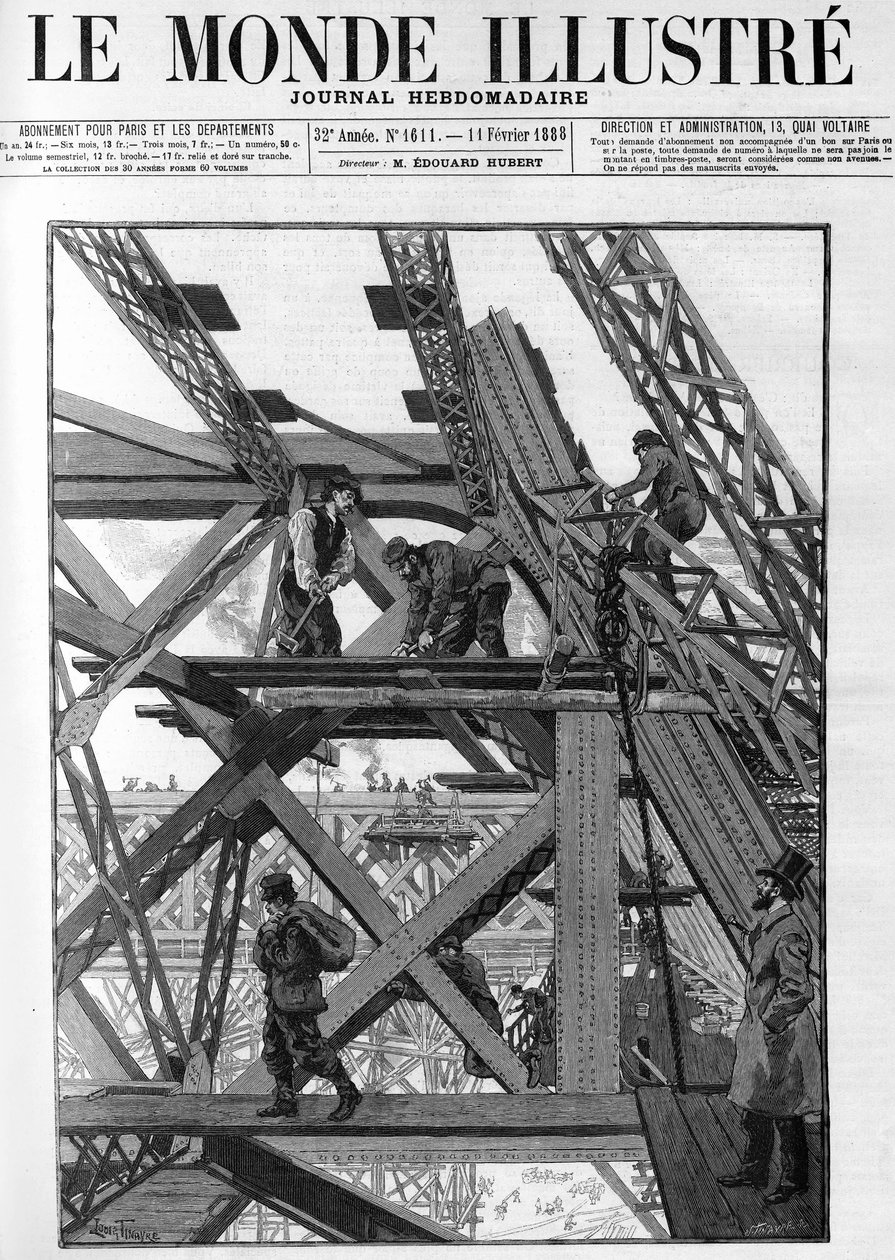 Az Eiffel-torony alkotásai az 1889-es világkiállításra, a munkások ötven méterrel a föld felett vannak. Az 1888-as „Az illusztris világban”. alkotó: French School