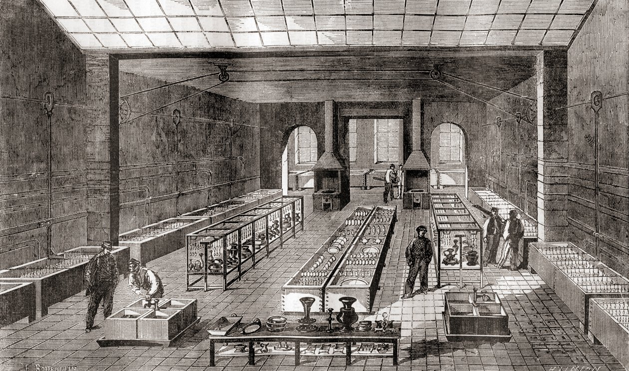 A vegyi fürdőket tartalmazó műhely Charles Christofle galvanizáló üzemében, Párizsban, Franciaországban 1867-ben, a Les Merveilles de la Science-ből, 1870 körül megjelent (metszet) alkotó: French School