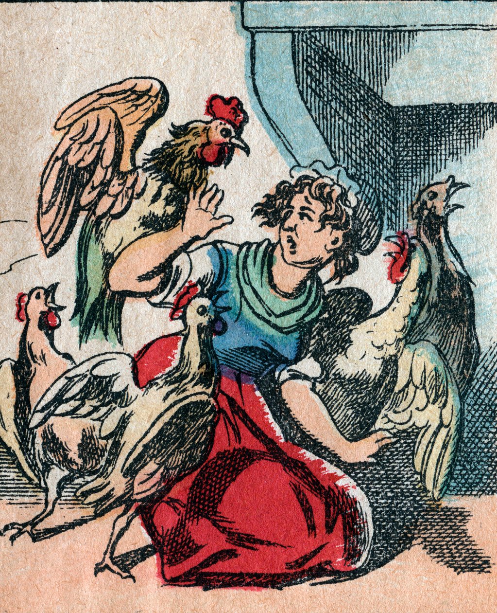 A világ fejjel lefelé, egy képzeletbeli föld: pulykák és csirkék kopogtatják a tűzhelyet - Epinal picture alkotó: French School