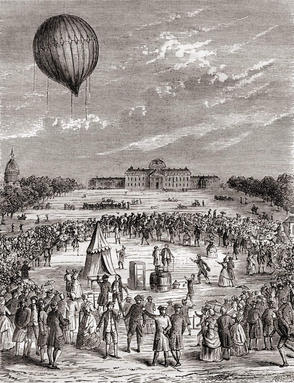 A világ első hidrogénballonja, amelyet 1783-ban indítottak a Champs de Mars felett, Párizs, Franciaország, a Les Merveilles de la Science-ből, 1870 körül jelent meg (metszet) alkotó: French School