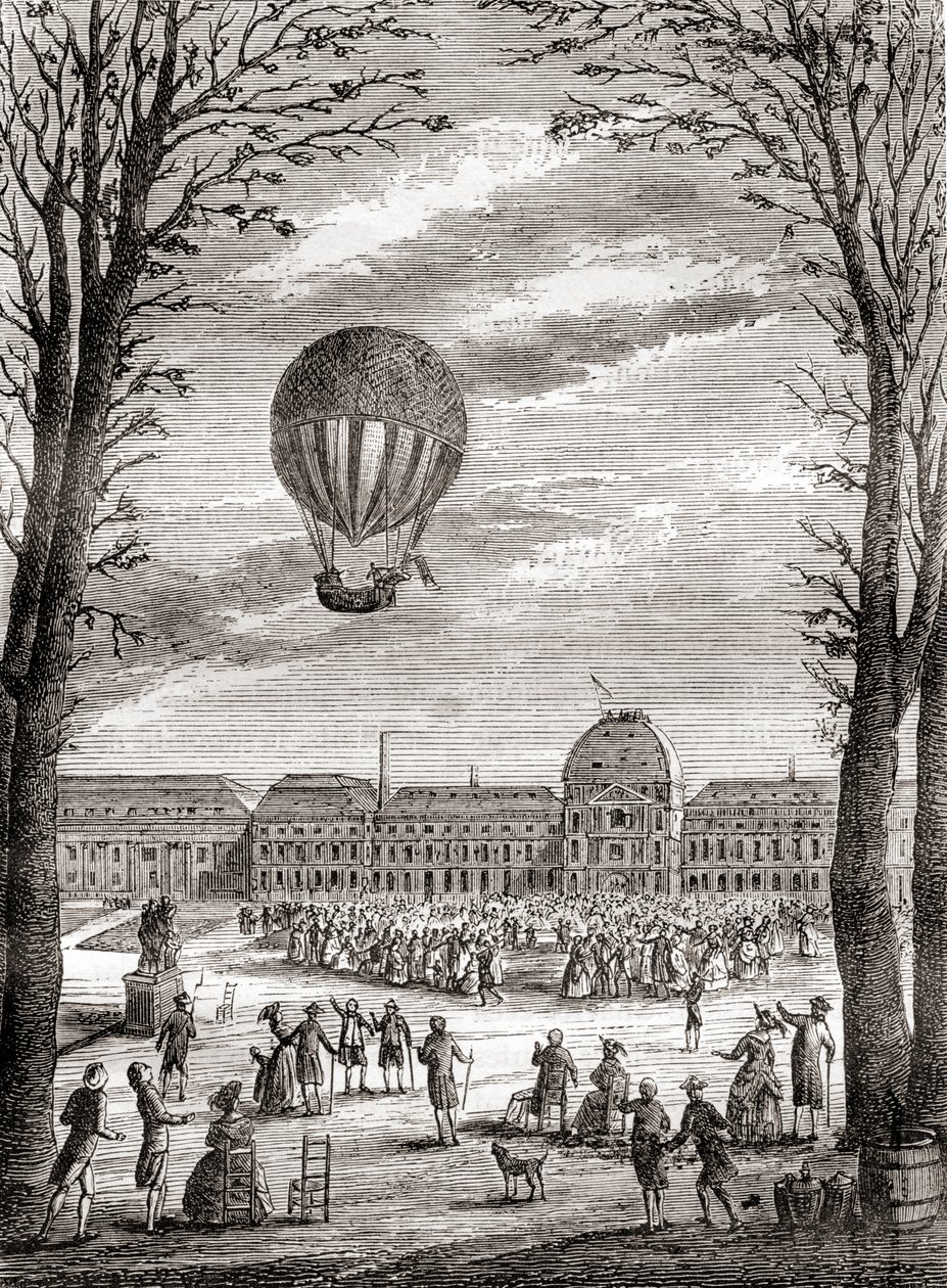 A világ első emberes hidrogénballonos repülése a párizsi Champs de Mars felett 1783. december 1-jén, Nicolas-Louis Robert és Jacques Charles professzor vezetésével, a Les Merveilles de la Science című, 1870 körül megjelent kötetből (metszet). alkotó: French School