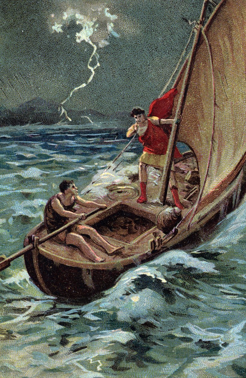A fiatal Jules Cesar (Kr. e. 100-44) az Adriai-tengeren átkelve Dalmáciához csatlakozva bátran halad előre a vihar ellenére, bízva jó csillagában és sorsában (Az ifjú Julius Caesar (Kr. e. 100-44) bátran átkel az Adriai-tengeren hajóján, a viharok ellenére alkotó: French School