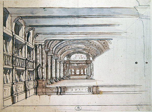 Színházi színpad és nézőtér dobozokkal, 17. század vége (toll és tinta, mosás papíron) alkotó: French School