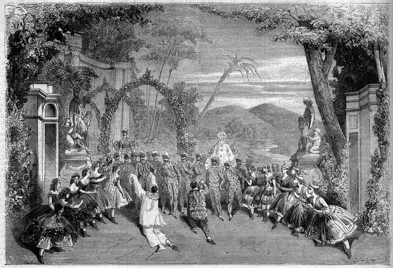Színházi ábrázolás: II. felvonás, Lambert Thiboust (1826-1867), Alfred Delacour (1815-1883) és Clairville (1811-1879) „Les Dances nationalles de la France” utolsó jelenete. Párizs, Theater des Varietes alkotó: French School