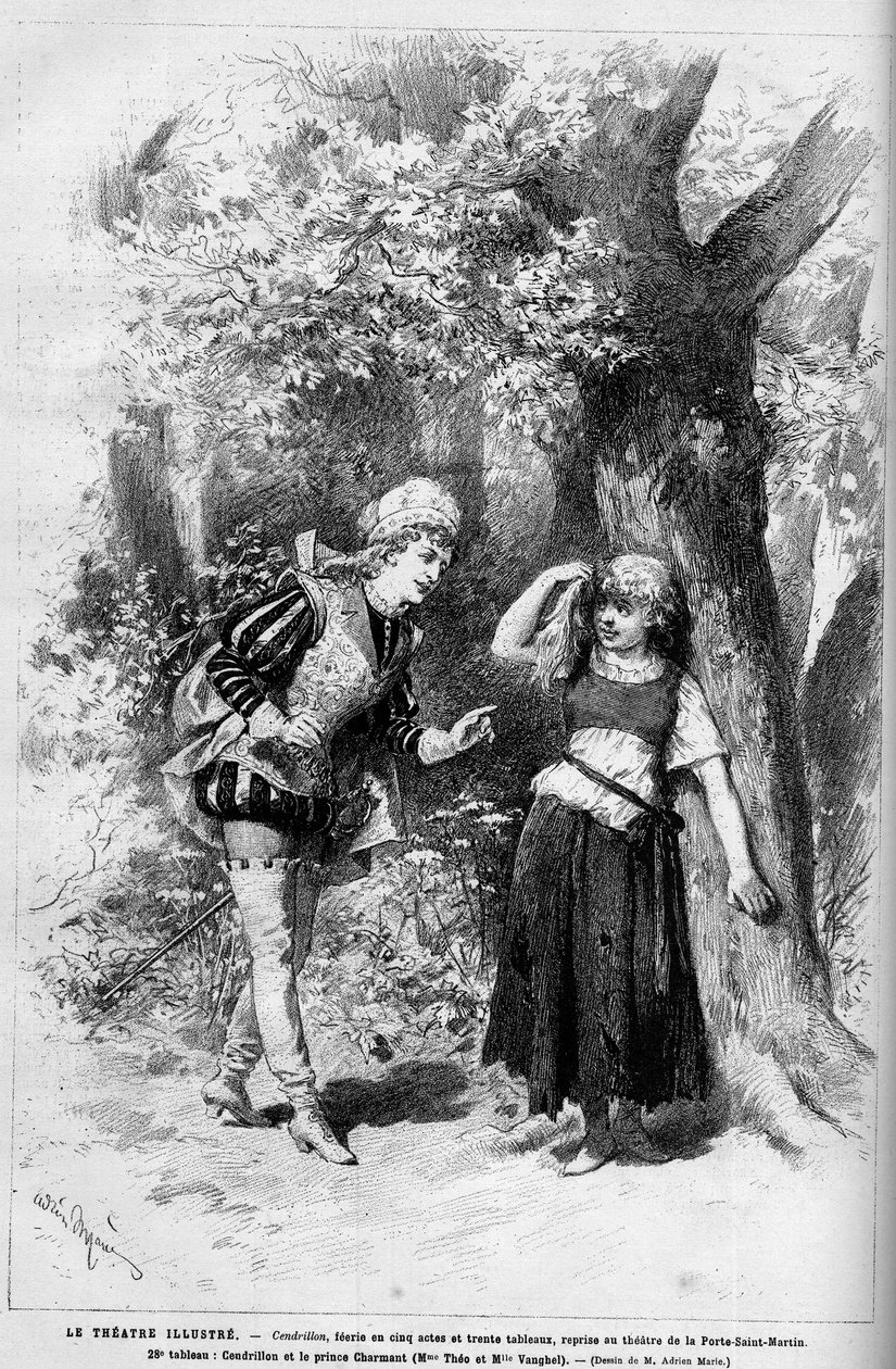 Színházi ábrázolás: Hamupipőke és a bájos herceg előadja Mme Theo és Melle Vanghel Clairville (Louis Francois Nicolaie) „” Cendrillon” című darabjához alkotó: French School