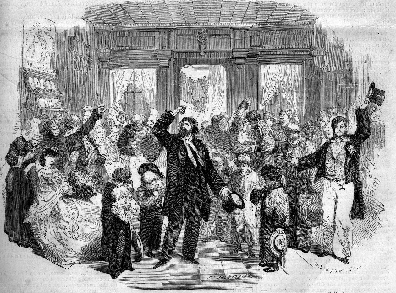 A „La Penelope Normande” (I. felvonás) színházi ábrázolása, Alphonse Karr (1808-1890). A komikusok között volt Mme Alexis, Mme Doche, Lafontaine (Henry Lafontaine alkotó: French School