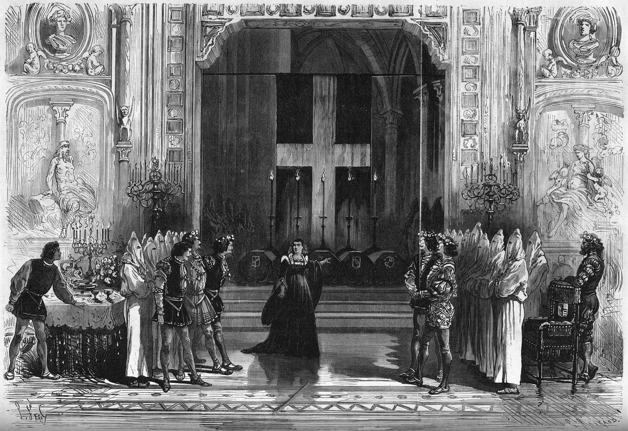 Színházi ábrázolás: a koporsók jelenete Victor Hugo (1802-1885) „Lucrece Borgia” című művében. Párizs, Theater de la Porte Saint Martin alkotó: French School